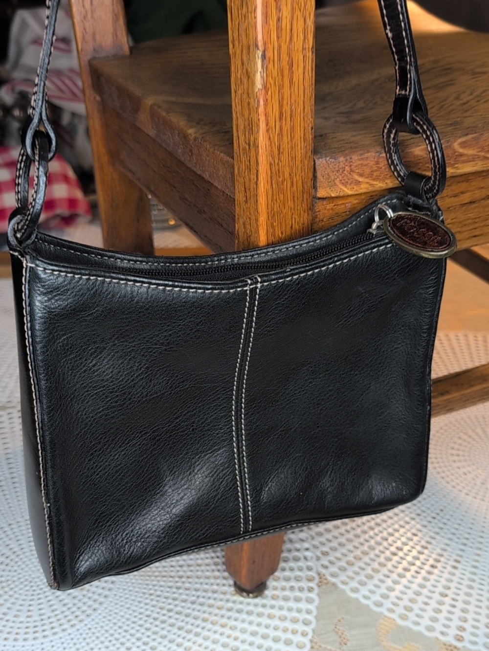 Fossil Black Leather Crossbody with Contrast Stitching